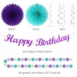 Teal-Purple Lavender Girl Mermaid-Birthday Party-Decorations - 21Pcs Happy Banner,Under The Sea Ocean Paper Lanterns Honeycomb Streamers,Tissue Pom Poms Flower Fan,Classroom Hanging Decor