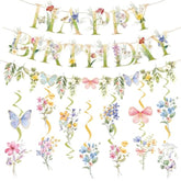 Wildflowers Butterfly Happy Birthday Banner With Hanging Decorations, Butterfly Garden Party Decorations Spring Hanging Swirls Supplies