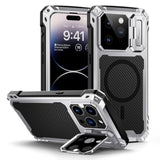 iPhone 14 Pro 6.1" Metal Case with Built-in Camera Kickstand and Glass Screen Protector, Heavy Duty Full Body Military Rugged Shockproof Magnetic Cover, Silver