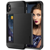 Case For Iphone X Case Iphone Xs Wallet Card Holder Slot Sliding Cover Id Pocket Dual Layer Bumper Anti-Scratch Protective Hard Shell Hybrid Rubber Armor For Apple Iphone X Xs 10 10S - Black