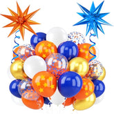 64pcs Blue, Orange & Gold Balloons 12" Pentagram Print for Cartoon Party Decor