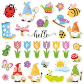 54Pcs Hello Spring Cutouts Tulip Flower Gnome Butterfly Bee Paper Cut-Outs With 100Pcs Glue Points Cute Cartoon Bulletin Board Decor For Diy Craft Art School Classroom Home Party