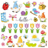 54Pcs Hello Spring Cutouts Tulip Flower Gnome Butterfly Bee Paper Cut-Outs With 100Pcs Glue Points Cute Cartoon Bulletin Board Decor For Diy Craft Art School Classroom Home Party