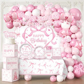 251Pcs Coquette Birthday Decorations, All-In-1 Pink Bow Birthday Pack With Pre-Strung Banner, Plates, Backdrop Tablecloth Balloon Arch For Bow Themed Party Decorations, Serves 20 Guests