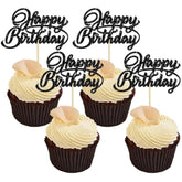 24Pcs Happy Birthday Cupcake Toppers Glitter Birthday Cupcake Food Picks For Celebrating Happy Birthday Party Cake Decorations Supplies Black