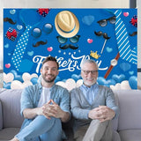 Father's Day Backdrop, Happy Fathers Day Decorations Blue Dad Party Banner Background with Hat Glasses Mustache Tie Watch Hearts for Photo Booth Decor, 71 x 43 Inch