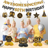 11Pcs Happy 60Th Birthday For Men Women Decorations,Sixty Bday Banner Ceiling Table Topper Sign Awesome Since 1965 Old Black And Gold Kit Swirls Party Decorations Supplies