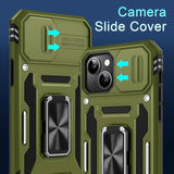 Case For Iphone 15 With Slide Camera Cover + Screen Protector (2 Packs), Rotated Ring Kickstand Military Grade Shockproof Protective Cover-Olive Green