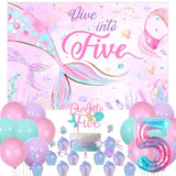 Mermaid Birthday Party Decorations, Dive Into Five Ocean Theme 5Th Birthday Backdrop Cake Cupcake Toppers Pink Purple Blue Balloon For Girl 5 Year Old Party