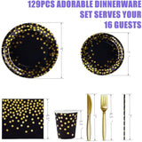 129-Piece Black and Gold Party Dinnerware Set for Events