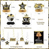 Happy Retirement Party Decorations For Men And Women - Black And Gold Banner, Backdrop Card, Sash, Hanging Swirls, Foil Balloons, Honeycomb Centerpieces
