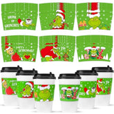 48 Pcs Christmas Coffee Tea Cup Sleeves Green Cartoon Character Christmas Cup Sleeves For 12 & 16Oz Disposable Paper Cup For Christmas Party Hot Chocolate Cocoa Cold Beverage