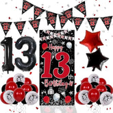 36pcs Red Black 13th Birthday Decorations with Banner, Balloons & Flags