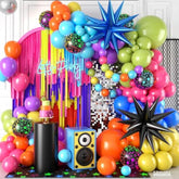 Neon Balloon Arch Kit, 122Pcs Bright Orange Green Blue Hot Pink Yellow Purple Black Rainbow Balloons With Foil Star Balloons For Neon Party Rainbow Birthday Decorations 80S 90S Disco Party Backdrop