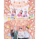 80pcs Rose Gold Birthday Decorations β Banner, Balloons, Curtain, Swirls & More