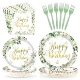 96Pcs Sage Green Happy Birthday Party Decorations Retro Green Birthday Plates Eucalyptus And White Flower Paper Plate Disposable Sage Tableware For Baby Shower Party Favors Serves 24