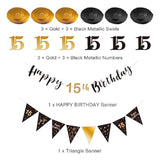 15Th Birthday Decoration Kit For Boys Girls, Happy 15Th Birthday Banner Bunting Swirls Streamers, Triangle Flag Banner For Birthday Party Decorations Supplies Black And Gold 15Th