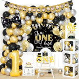 Mr Onederful 1St Birthday Decorations - Boy'S First Black Gold Little Man Party Decorations, Backdrop, Balloon, Photo, Highchair Banner, Box Cutout, Cake Topper, Crown, Poster
