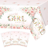 3 Pcs Girl Baby Shower Tablecloth 108X54 Inch Pink Floral Baby Shower Party Tablecovers Disposable A Sweet Little Girl Is On Her Way Table Cloth Plastic