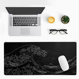 Japanese Sea Wave Large Mouse Pad, Anime Black Gaming, Extended Kanagawa Mat Desk Pad, M Thick Long Non-Slip Rubber Base Mice Pad, 31.5 X 11.8 Inch