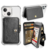 Phone Wallet with Card Holder, Zipper Coin Purse & Lanyard for iPhone 14 - Black
