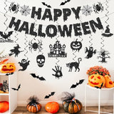 Glitter Black Happy Halloween Banner Hanging Decoration for Party Wall Home Office Decor