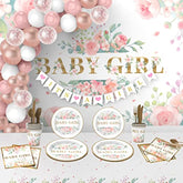 242PCS Floral Girl Baby Shower Decor Set with Tableware, Banner & Balloons
