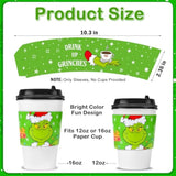 48 Pcs Christmas Coffee Tea Cup Sleeves Green Cartoon Character Christmas Cup Sleeves For 12 & 16Oz Disposable Paper Cup For Christmas Party Hot Chocolate Cocoa Cold Beverage