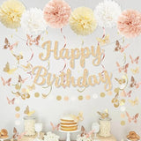 Champagne Gold Birthday Decorations For Women, Pre-Strung Happy Birthday Banner With Tissue Paper Pompoms?Hanging Swirl Streamers, 3D Butterfly Decorations, Beige Boho Birthday Party Supplies