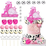 30Pcs Cowgirl Cake Topper Western Cowgirl Hat Boot Happy Birthday Cake Decorations With Silver Stars Disco Balls Pearl Ball For Hot Pink Girl Cowboy Western Theme Birthday Baby Shower Party Supplies