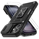 Case For Iphone 16 With Slide Camera Cover+Screen Protector (2 Packs), Rotated Ring Kickstand Military Grade Shockproof Protective Cover-Black