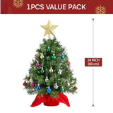24"/2Ft Mini Christmas Tree Tabletop Set With Clear Led Lights, Artificial Mini Christmas Tree With Star Treetop And Hanging Ornaments, Best Diy Xmas Decorations