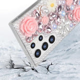 For Galaxy S24 Ultra Bling Case With Strap, Luxury Glitter Rhinestone Diamond Crystal Sparkle Rose Flower Pearl Floral Bracelets Soft Bumper Protective Case Cover For Women Girls Pink