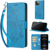 Designed For Iphone 13 Pro Max Case Wallet,Women Flip Folio Cover With Embossed Pu Leather Stand Credit Card Holders Slots Wrist Strap Phone Case For Iphone 13 Pro Max 6.7 Inch (Blue Butterfly)