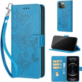 Designed For Iphone 13 Pro Max Case Wallet,Women Flip Folio Cover With Embossed Pu Leather Stand Credit Card Holders Slots Wrist Strap Phone Case For Iphone 13 Pro Max 6.7 Inch (Blue Butterfly)