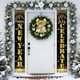 Happy New Year 2026 Porch Banner in Black Gold Glitter for Holiday Party Decor