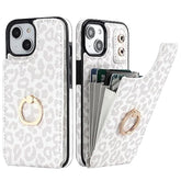 For Iphone 13/ Iphone 14 Wallet Case With Card Holder, 360°Rotation Ring Kickstand, White Leopard Cheetah Pattern, Rfid Blocking Leather For Girls Women, Double Buttons Flip 6.1"