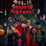 Halloween Birthday Party Decorations, Red Halloween Happy Birthday Banner, Scary Handprint Balloons & Cake Topper, Horror Fake Broken Hands Dismember Honeycomb Hanging Swirl Balloons(36Pc)