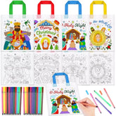 12Pcs Nativity Scene Goodie Bags With Paint Pens For Kids, O Holy Night & Joy To The World Coloring Gift Bags, Religious Christmas Reusable Canvas Bag Favors