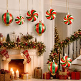 Christmas Foil Balloons, 9PCS Xmas Round Candy Lollipop Foil Balloons and Christmas Hanging Ball Mylar Balloons, Red Green Gold Xmas Sweetland Decorations for New Year Candies Party Decor