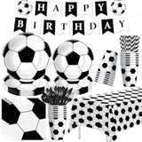 Soccer birthday party set with tableware, banner, and cutlery for 24 guests