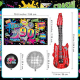 90S Party Decorations Includes 90'S Backdrop, Foil & Latex Balloons, Cake & Cupcake Toppers, Honeycomb Centerpieces Banner, Hanging Swirls For 80S 90S Party Decorations