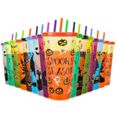 Halloween Decorations Color Changing Reusable Cups With Lids And Straws - 16 Pack 24 Oz Plastic Tumblers Bulk With Lids And Straws - Reusable For Party Cups