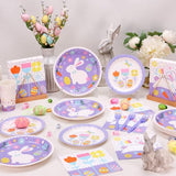 Bunny birthday Party Supplies Bunny Hop Disposable Tableware Set 9" Paper Plates 7" Dessert Plates 3 Ply Luncheon Napkins Cups Forks for Kids Rabbit Hop Party Spring Decorations, Serve 24