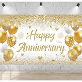 White Gold Happy Wedding Anniversary Banner For 5 10 15 20 25 30 40 50 For Couple, Happy Anniversary Decorations, Surprise For Parents Cheers To Wedding Supplies 71X43In