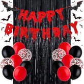 Halloween Happy Birthday Banner, Bloody Bat Vampire Red And Black Birthday Decorations, Glitter Foil Fringe Curtains Backdrop Balloons Horror Movie Themed Party Decoration Supplies