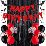 Halloween Happy Birthday Banner, Bloody Bat Vampire Red And Black Birthday Decorations, Glitter Foil Fringe Curtains Backdrop Balloons Horror Movie Themed Party Decoration Supplies