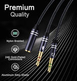 Braided Headphone Splitter for Computer, 3.5mm Female to 2 Dual 3.5mm Male Earphones Port, Mic Y Audio Splitter Cable Compatible with Headset