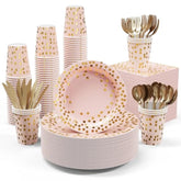 Pink And Gold Party Supplies - 350 Pcs Disposable Dinnerware Set - Pink Paper Plates Napkins Cups, Gold Plastic Forks Knives Spoon For Graduation, Birthday, Cocktail Party