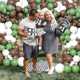Football Balloon Garland Arch Kit, 128Pcs Sage Green Brown And White Balloons Football Foil Balloons, First Year Down Football Birthday Party Decorations Sport Theme Party Supplies
